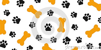 Black trace of dog paw pattern with paw footprints and bones, dog bone background isolated illustration cartoon repeat wallpaper Vector Illustration